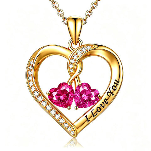14K Gold Plated Double Heart Birthstone Rose Pendant Necklace for Women
