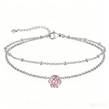 Sterling Silver  Round Birthstone Double Layer Charm Anklet