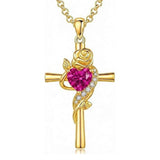14K Gold Plated Birthstone Rose Cross Necklace for Women Faith Jewelry Gift