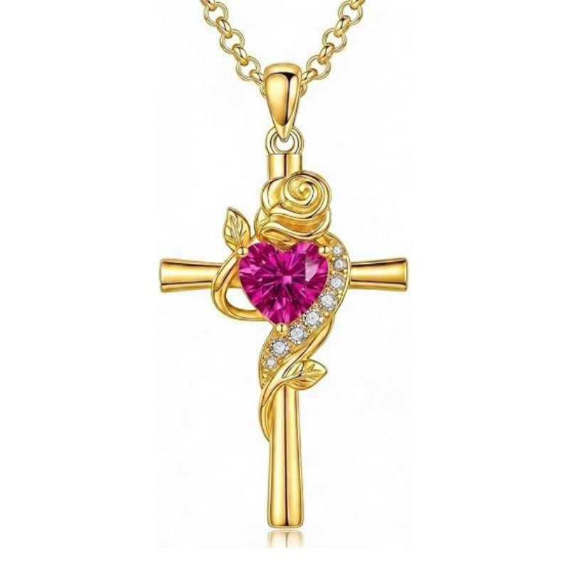 14K Gold Plated Birthstone Rose Cross Necklace for Women Faith Jewelry Gift