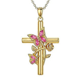Birthston Butterfly Rose 14K Plated Gold Cross Pendant Necklace for Women