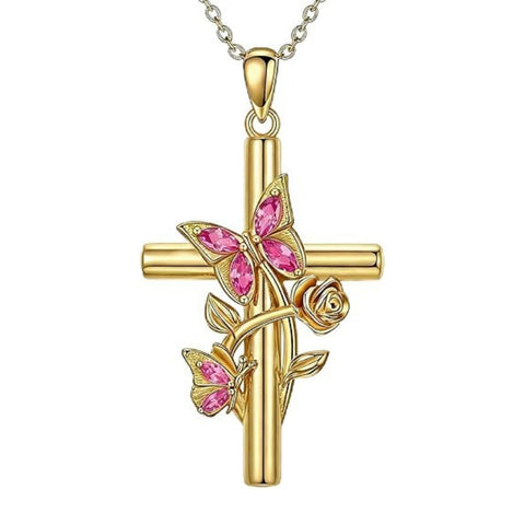 Birthston Butterfly Rose 14K Plated Gold Cross Pendant Necklace for Women