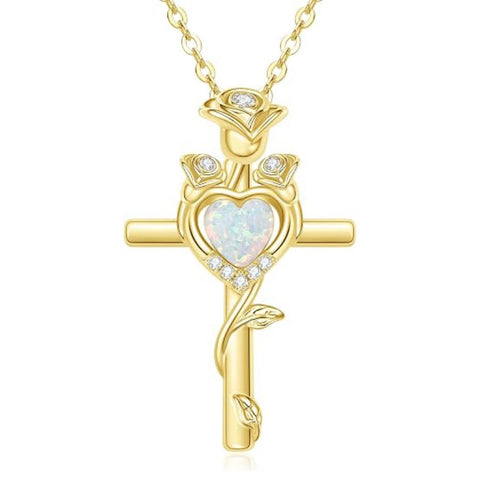 14K Gold Plated Birthstone Rose Cross Necklace for Women Faith Jewelry Gift
