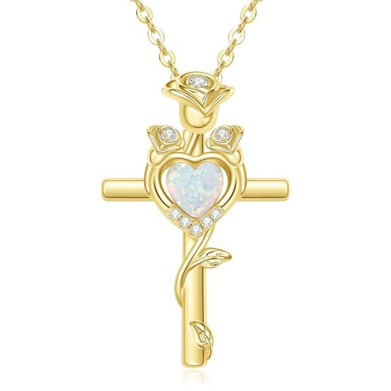 14K Gold Plated Birthstone Rose Cross Necklace for Women Faith Jewelry Gift
