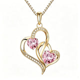14K Gold Plated Double Heart Birthstone Necklace Anniversary Birthday Gifts