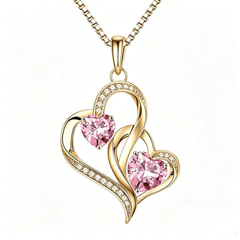 14K Gold Plated Double Heart Birthstone Necklace Anniversary Birthday Gifts