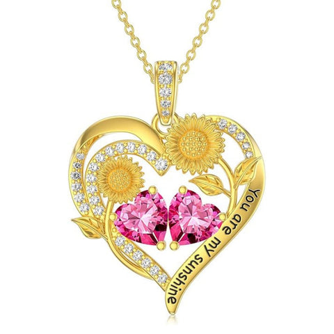 Double Birthstone Necklace 14K Gold Plated You Are My Sunshine Sunflower Necklace Heart Pendant Necklace