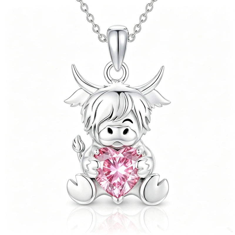 Sterling Silver Birthstone Highland Cow Pendant Necklace Birthday Christmas Gift