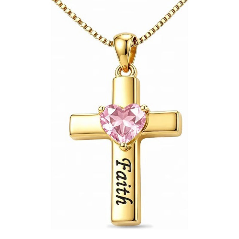 14K Gold Plated Heart Birthstone Cross Necklace for Women Engraved with Faith