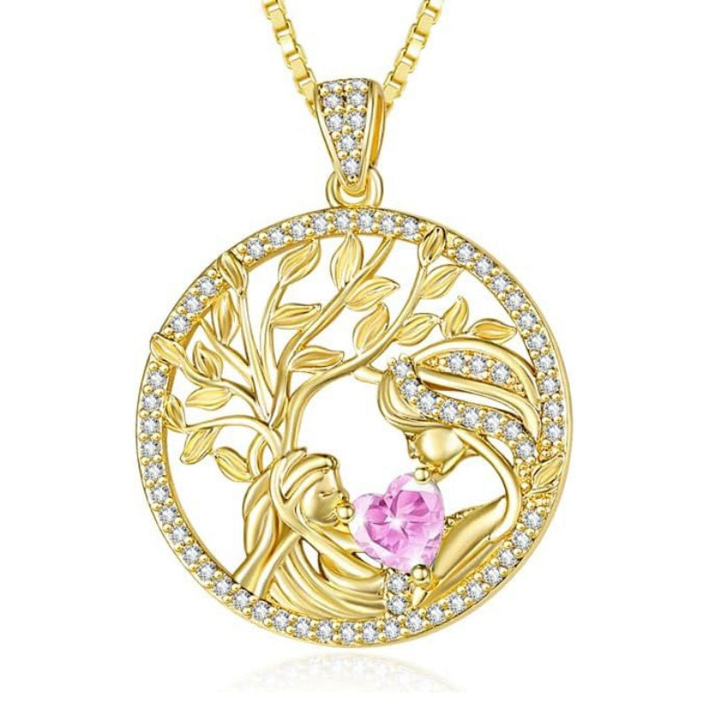 14K Gold Plated Birthstone Tree of Life Mother Child Necklace for Women