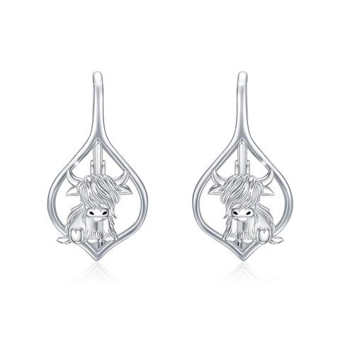 Sterling Silver Highland Cow Dangle  Leverback Earrings