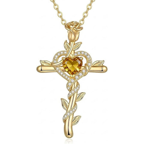 14K Gold Plated Heart Birthstone Rose Cross  Pendant Necklace  Religious Christian Jewelry for Women