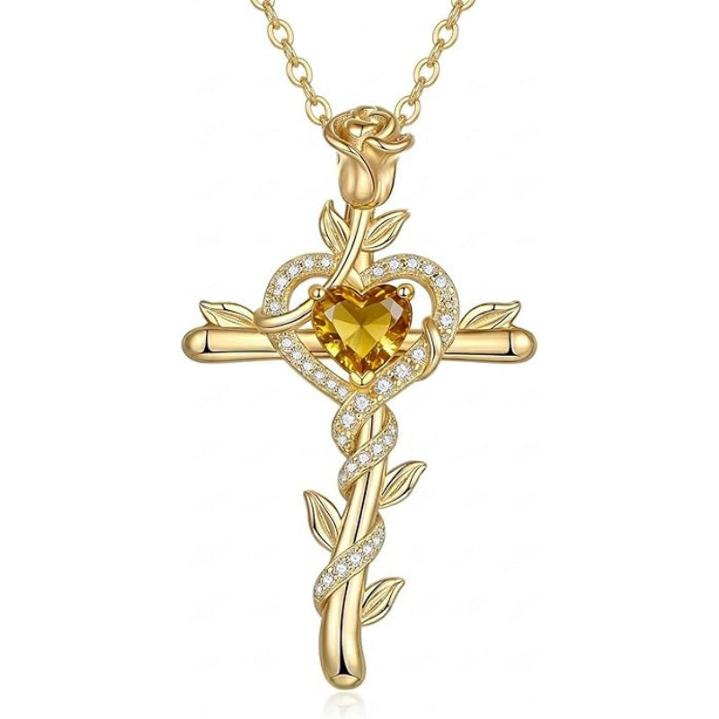 14K Gold Plated Heart Birthstone Rose Cross  Pendant Necklace  Religious Christian Jewelry for Women