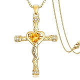 14K Gold Plated Heart Cut Cubic Zirconia Cross  Pendant Necklace For Women Religious Faith Jewelry