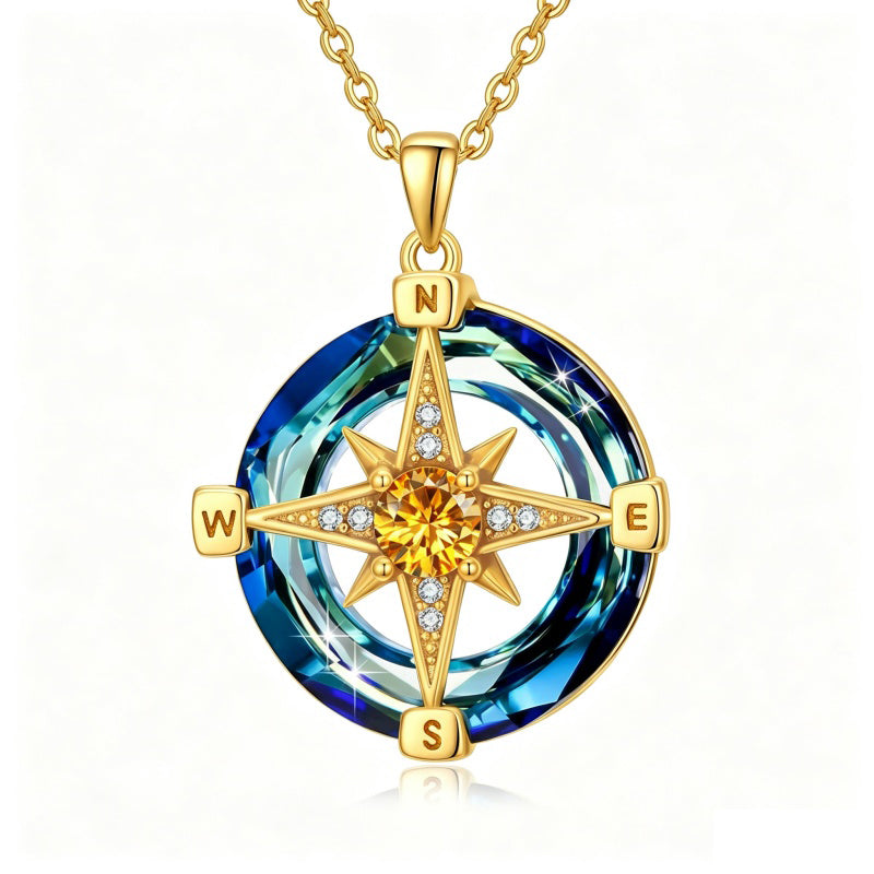 14K Gold Plated Crystal Compass Pendant Necklace Graduation Jewelry Inspirational Travel Valentine's Day Gift