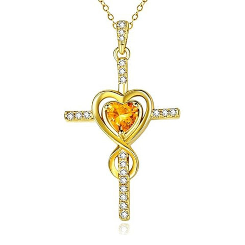 14K Gold Plated Dainty Heart Birthstone Pendant Cross Necklace for Women Religious Gift