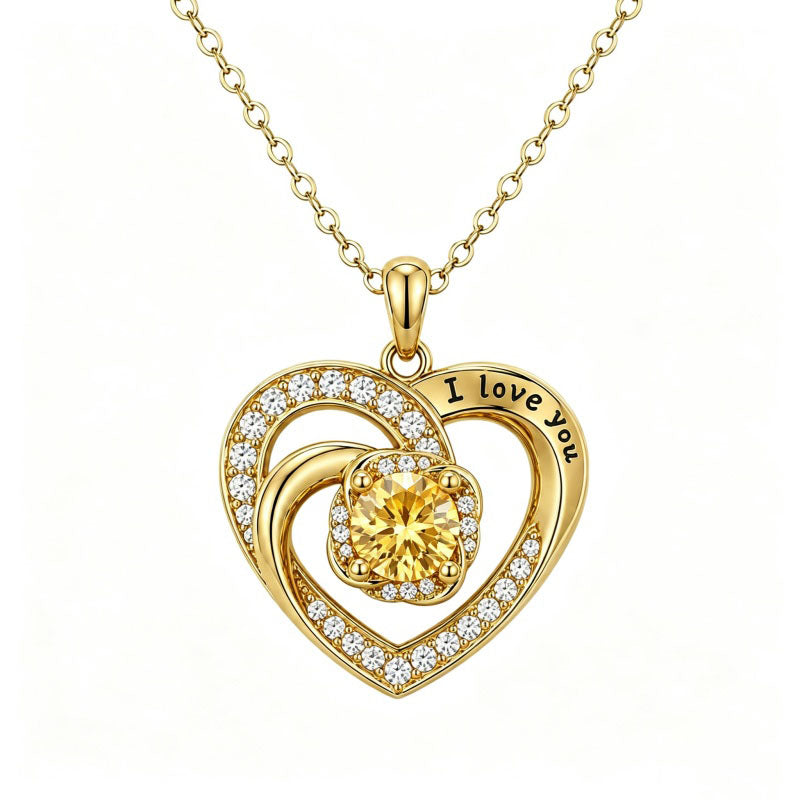 14K Gold Plated  Birthstone Heart Pendant  Necklace for Women Engraved with  I Love You