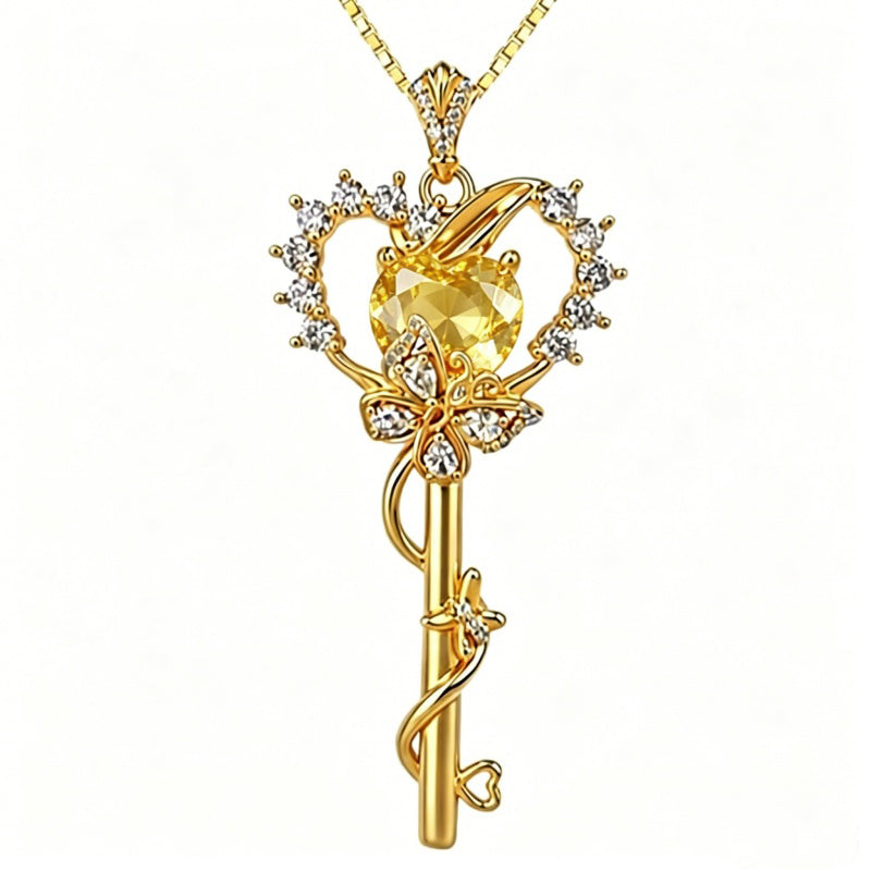 Birthstone Infinity Heart 14K Gold Plated Butterfly Key Pendant Necklace Gift for Her