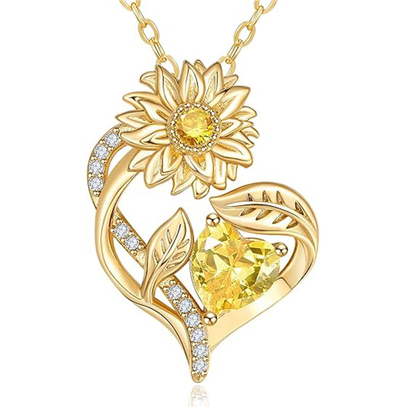 Sterling Sliver Birthstone Love Heart & Sunflower Pendant Necklace Engraved With You Are My Sunshine