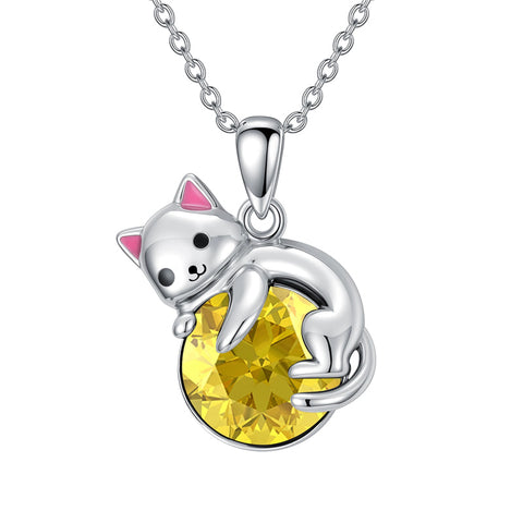 Sterling Silver Cubic Zirconia  Cat Pendant Necklace for Women