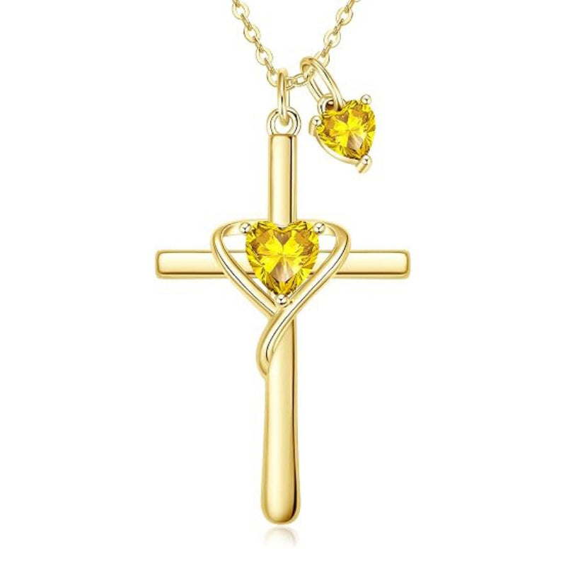 14K Gold Plated Birthstone Rose Cross Necklace for Women Faith Jewelry Gift