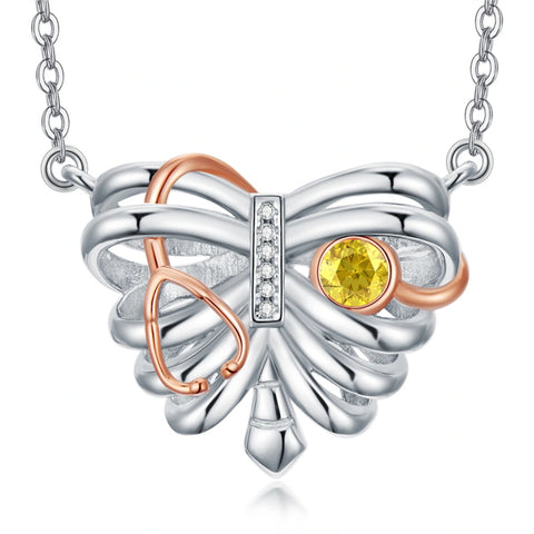 Sterling Silver Heart Rib Cage&Doctor Nurse  Stethoscope Medicine Themed Pendant Necklace