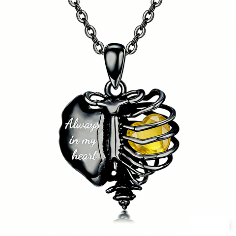 Sterling Silver Black Heart Skeleton Necklace With Engraved