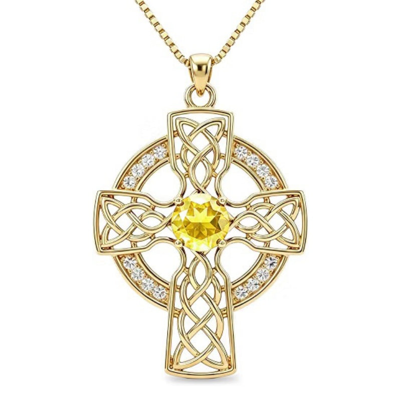 14K Gold Plated Birthstone Celtic Knotwork Cross Necklace for Women