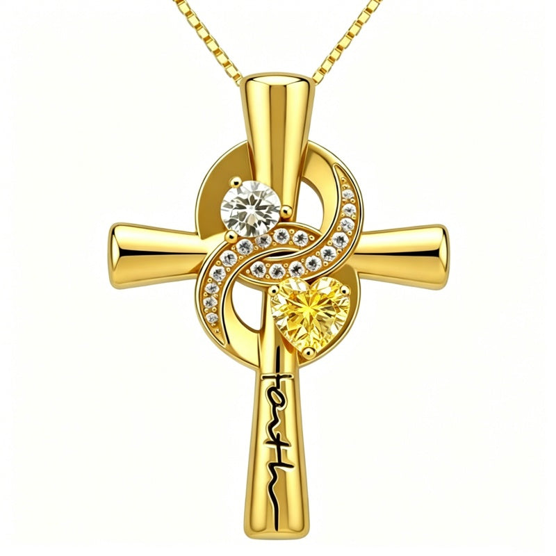 14K Gold Plated Dainty Heart Birthstone Pendant Cross Necklace for Women Religious Gift