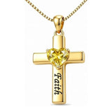 14K Gold Plated Heart Birthstone Cross Necklace for Women Engraved with Faith
