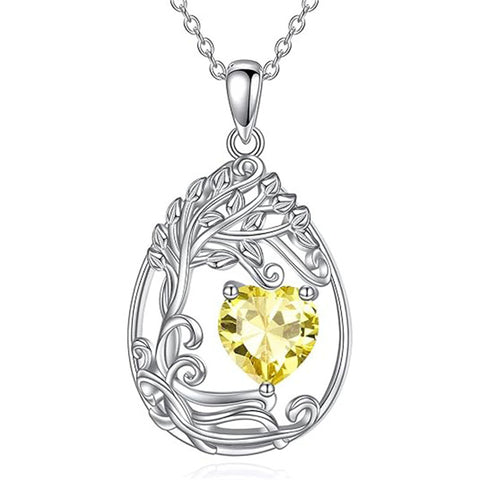 Sterling Silver Birthstone Teardrop Tree of Life Pendant Necklace