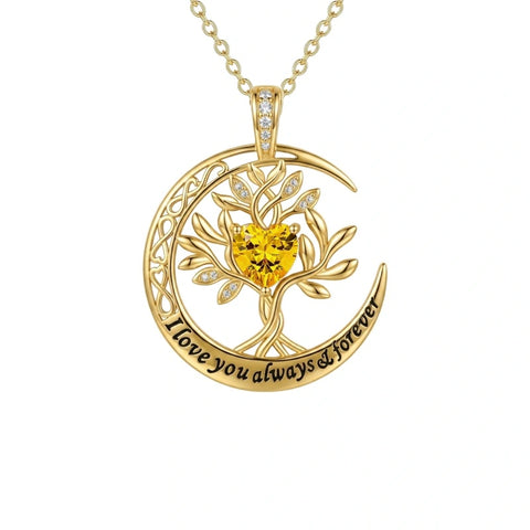 10K 14K 18K Gold Birthstone Tree of Life Pendant Necklace Engraved with I Love You Always & Forever