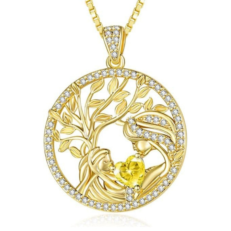 14K Gold Plated Birthstone Tree of Life Mother Child Necklace for Women