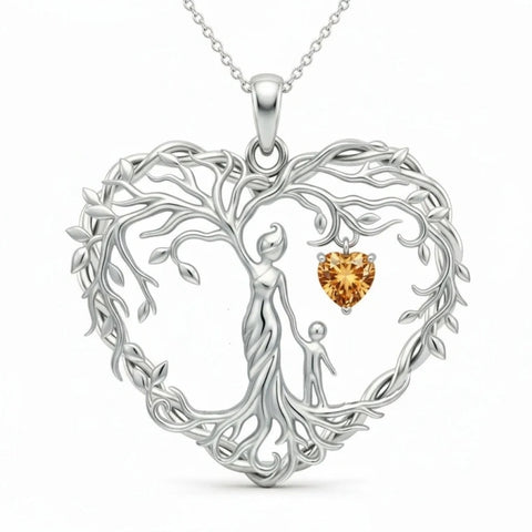 Sterling Silver Heart Pendant Birthstone Tree of Life Mother Child Family Necklace