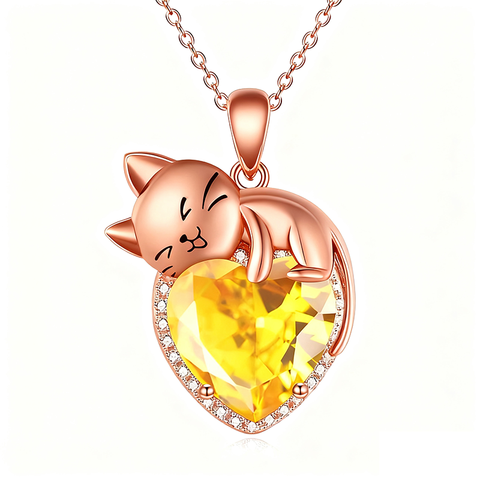Sterling Silver Heart Birthstone Cat Pendant Necklace