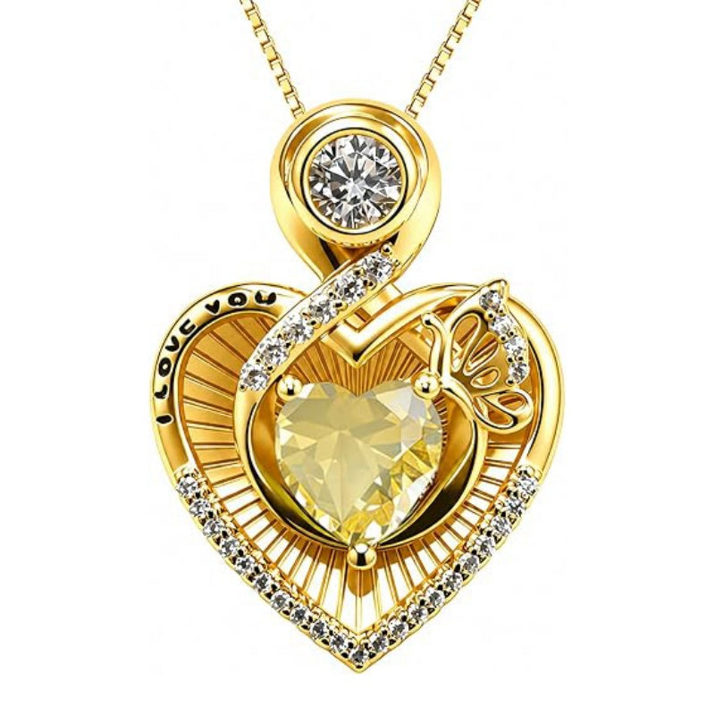 14K Gold Plated  Heart Birthstone Butterfly Necklace Engraved with  I Love You