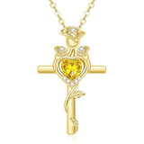 14K Gold Plated Birthstone Rose Cross Necklace for Women Faith Jewelry Gift