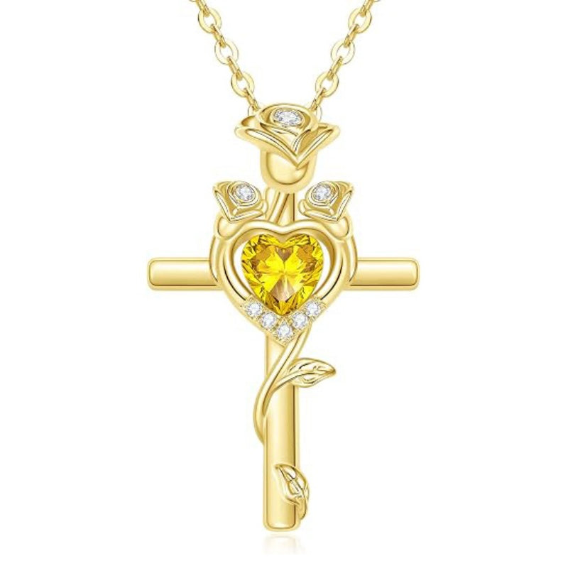14K Gold Plated Birthstone Rose Cross Necklace for Women Faith Jewelry Gift