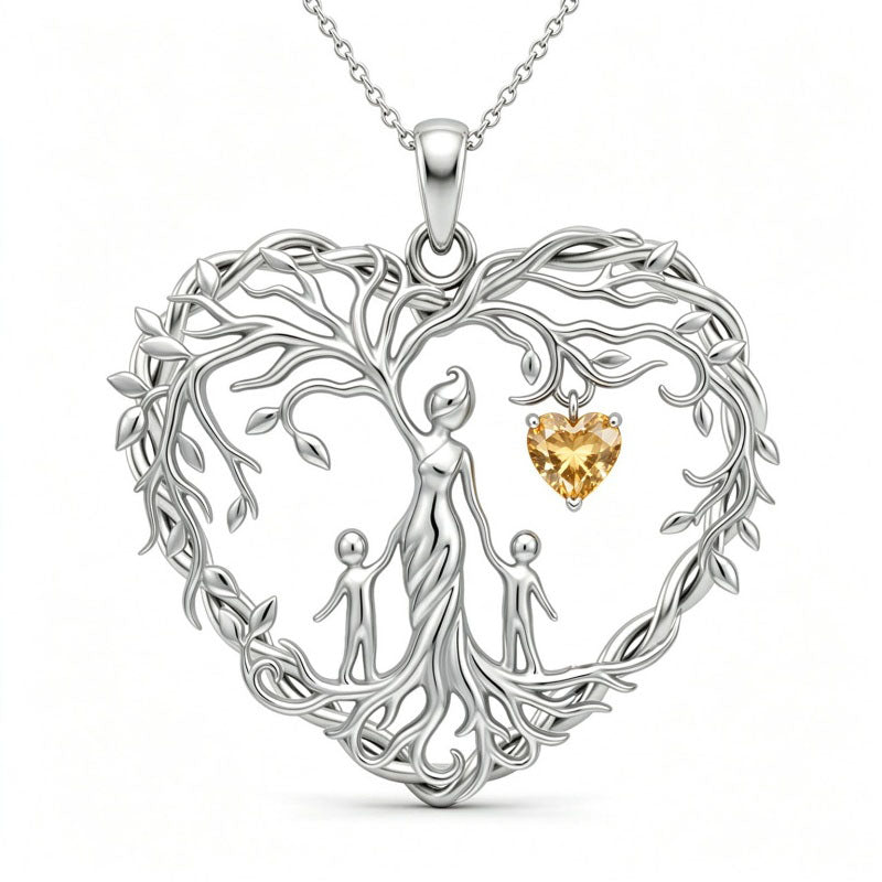 Sterling Silver Heart Pendant Birthstone Tree of Life Mother Child Family Necklace
