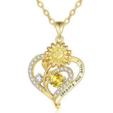 Sterling Sliver Birthstone Love Heart & Sunflower Pendant Necklace Engraved With You Are My Sunshine