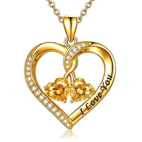 14K Gold Plated Double Heart Birthstone Rose Pendant Necklace for Women