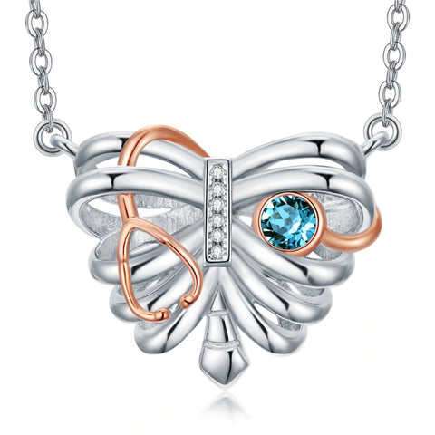 Sterling Silver Heart Rib Cage&Doctor Nurse  Stethoscope Medicine Themed Pendant Necklace