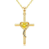 14K Gold Plated Dainty Heart Birthstone Pendant Cross Necklace for Women Religious Gift