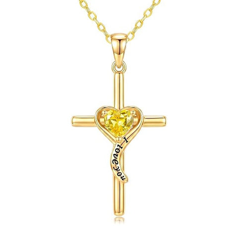 14K Gold Plated Dainty Heart Birthstone Pendant Cross Necklace for Women Religious Gift
