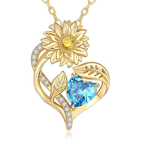 Sterling Sliver Birthstone Love Heart & Sunflower Pendant Necklace Engraved With You Are My Sunshine