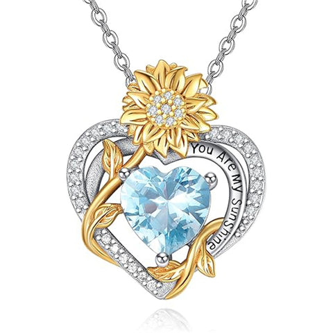 Sterling Sliver Birthstone Love Heart & Sunflower Pendant Necklace Engraved With You Are My Sunshine