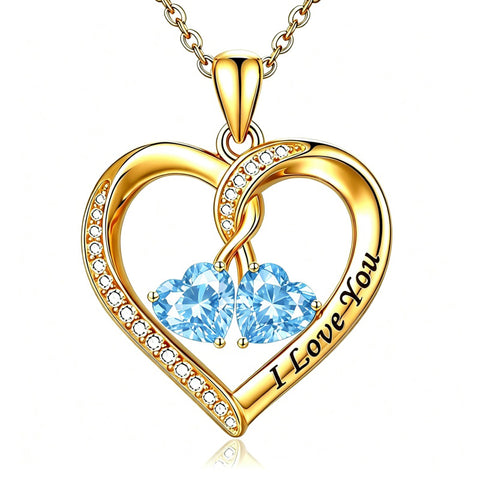 14K Gold Plated Double Heart Birthstone Rose Pendant Necklace for Women