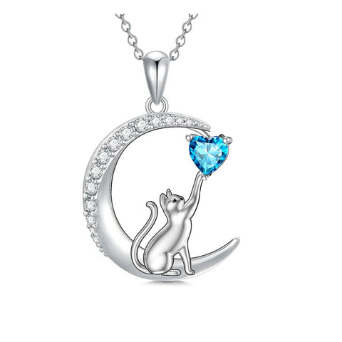 Sterling Silver Heart Birthstone Cat Pendant Necklace