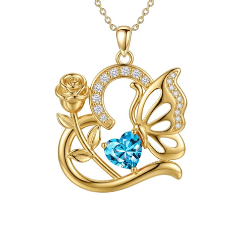 14K Gold Plated Heart Birthstone Rose Mom Butterfly Pendant Necklace for Women