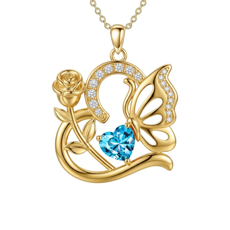 14K Gold Plated Heart Birthstone Rose Mom Butterfly Pendant Necklace for Women